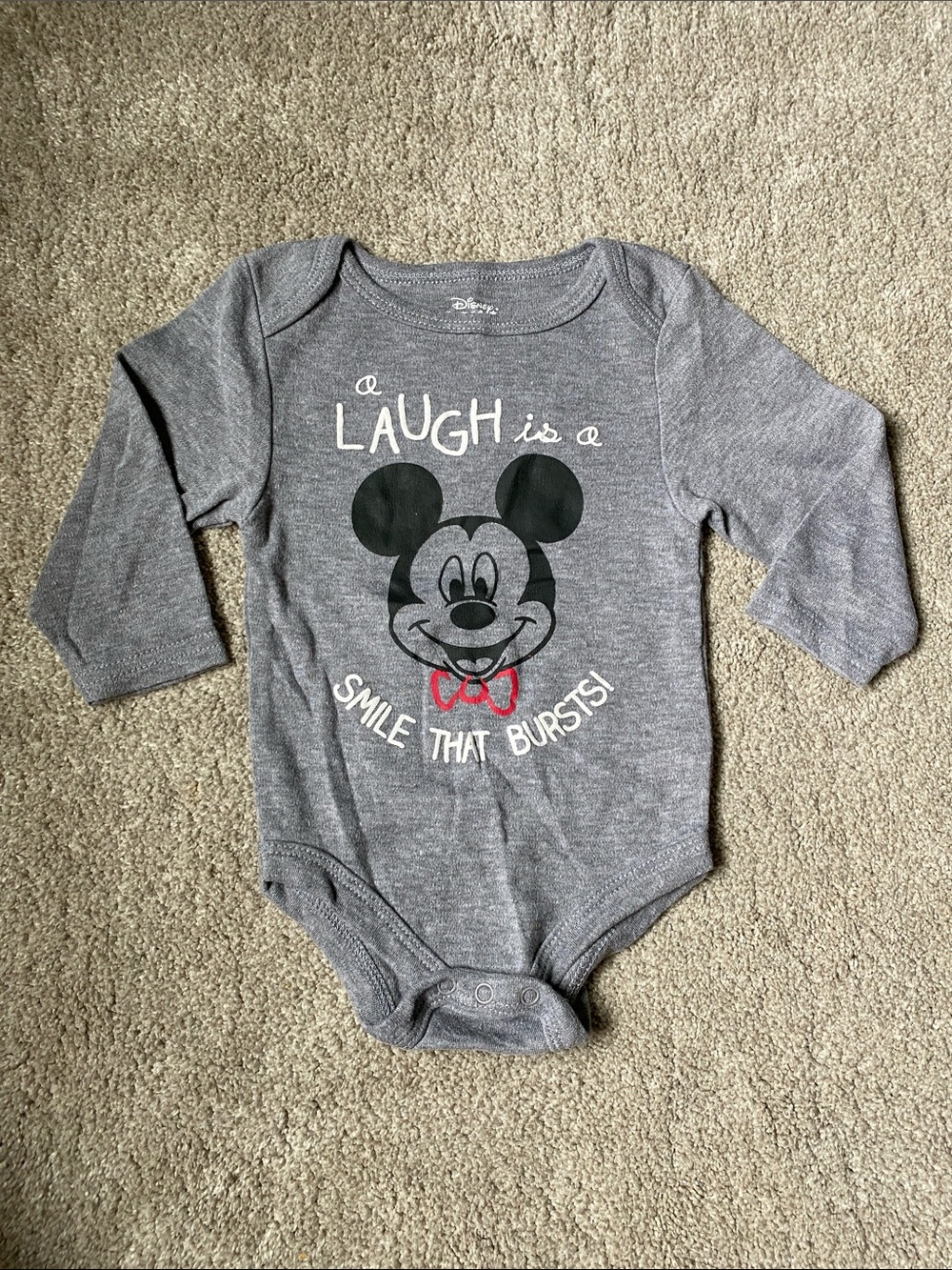 Disney 6-9 Month Gray Mickey Mouse Long Sleeve One-Piece with Red Bow